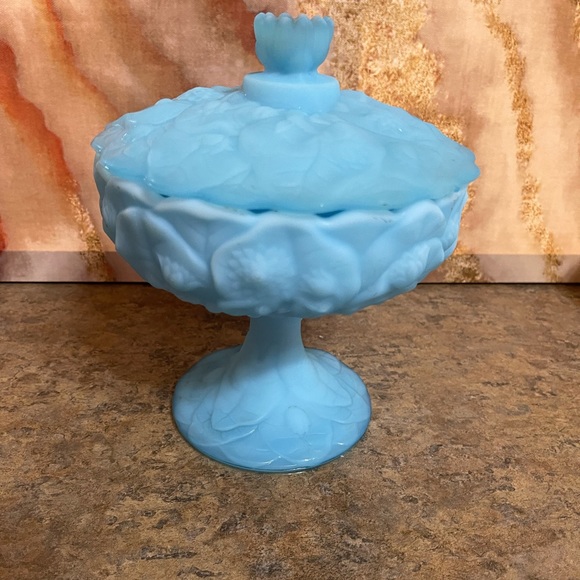 Fenton Water Lily Milk Glass, Blue Satin Custard Pedestal Candy Dish - Picture 5 of 15